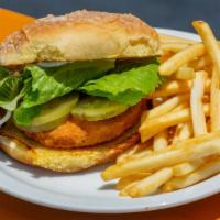 Chicken Sandwich · Vegan. Deep-fried breaded chicken patty on toasted bun dressed with mayo and pickle. Served ...