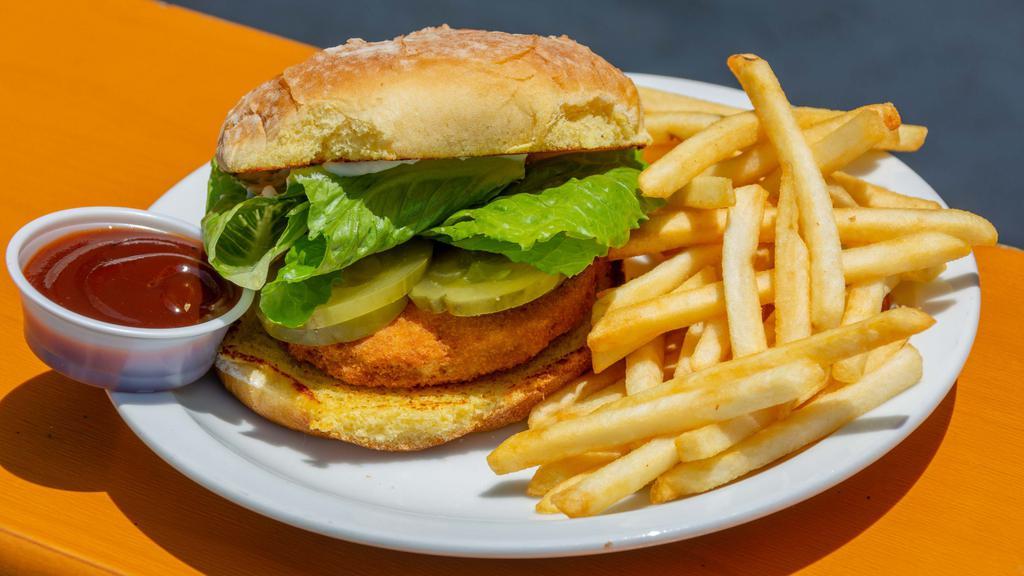 Chickenless Chicken Sandwich Combo · Deep-fried Vegan Chicken Patty on a toasted bun, tossed in your choice of sauce, dressed with lettuce, tomato, red onion and Vegan mayo