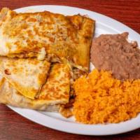 Regular Quesadilla · Flour Tortilla, Cheese, Meat, with rice and beans