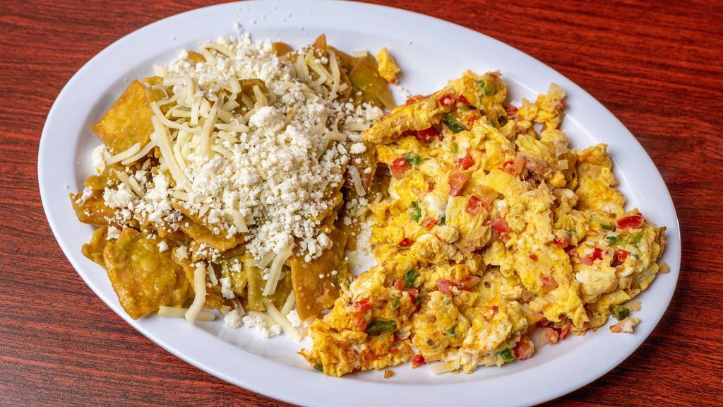 Verde Con Huevos Chilaquiles Plate · Fried tortilla breakfast plate, green spicy sauce with eggs and vegetables