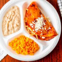Chicken Enchiladas · Three taco shaped shredded chicken enchiladas, small salad with rice and beans