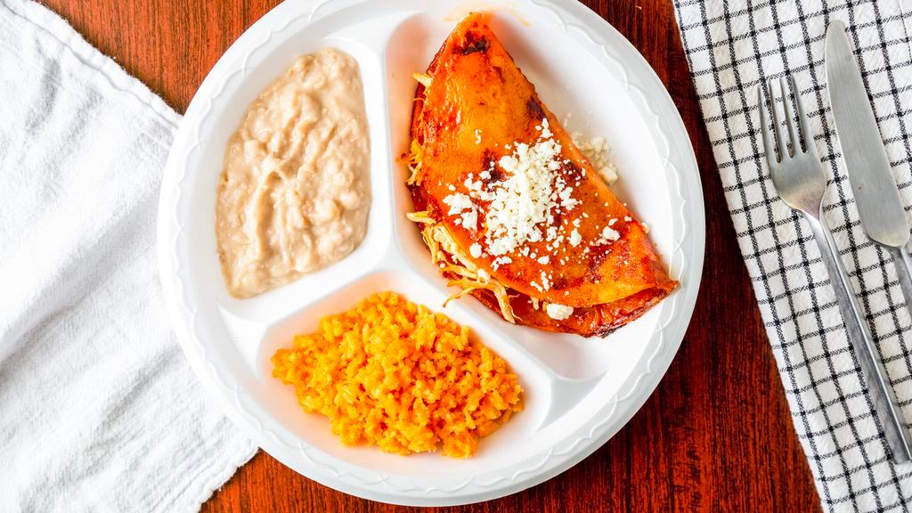 Chicken Enchiladas · Three taco shaped shredded chicken enchiladas, small salad with rice and beans