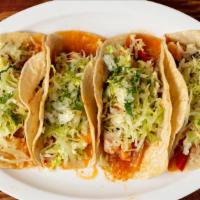 Tacos De Camarones  · 4 tacos of shrimp, grilled onions, bell peppers, and mild shrimp sauce