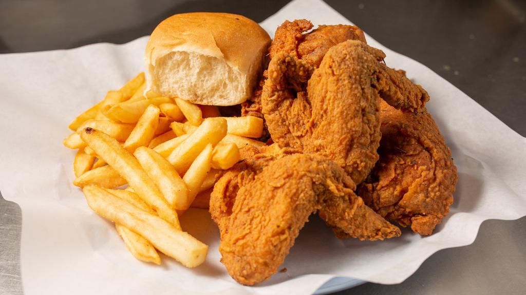 . Meal (4Pc) · Choice of leg, thigh, wing, breast/fries, roll and M. Drink
only one breast come with 4 pieces meal. If  you don't mention  specific. The order will be  leg, tight , wing ,and breast.