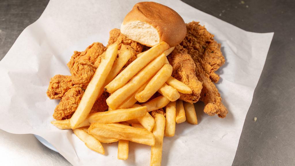 Chicken Strips · 5 Pieces, fries ,roll and medium soda