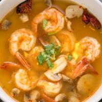 Tom Yam · Medium spicy. A Thai hot and sour soup with galangal, lemongrass, kaffir lime leaf, mushroom...