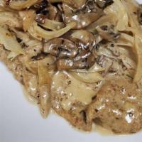 Pollo Alla Angelina · A breaded chicken served in a marsala cream sauce with sliced onions and mushrooms. Served w...