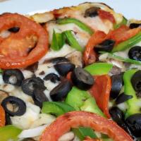 Large Vegetarian · Mushrooms, bell peppers, onions, tomatoes, and olives.