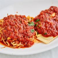 Half & Half Combo · Meat ravioli paired with spaghetti in a marinara sauce.