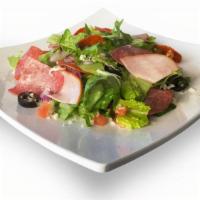 Antipasto Salad · Romaine lettuce, pepperoni, salami, ham, tomato, bell peppers, red onions, black olives and ...