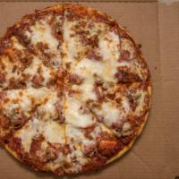 Meat Lover'S Pizza · Mozzarella cheese, tomato sauce, pepperoni, salami, ham, Canadian bacon, Italian sausage, an...