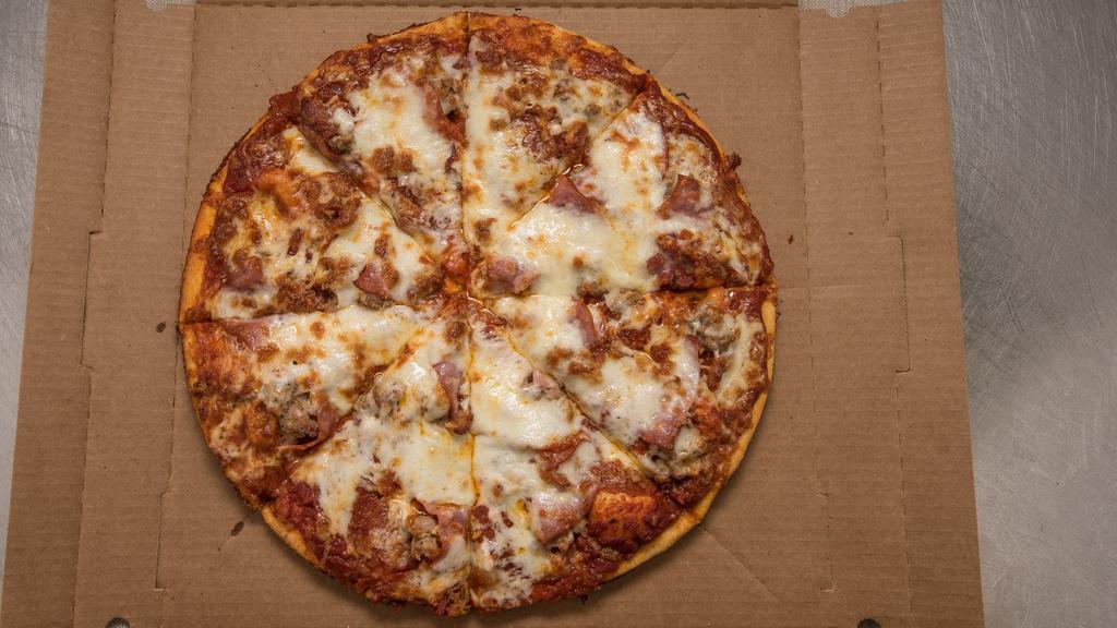 Meat Lover'S Pizza · Mozzarella cheese, tomato sauce, pepperoni, salami, ham, Canadian bacon, Italian sausage, and meatball.
