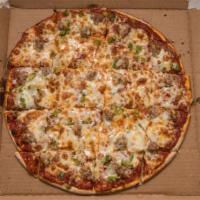 Pizza Man Special Pizza · Special spicy sauce, mozzarella cheese, mushrooms, red onion, bell peppers, black olives, Fr...
