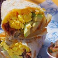 Cali Breakfast Burrito · Scrambled eggs, bacon, cheddar cheese, homefries and avocado wrapped in a flour tortilla.