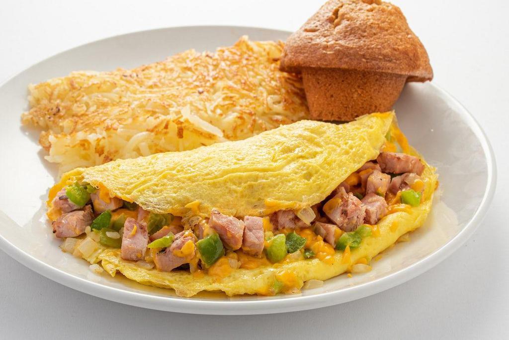 Mile High Omelet · Diced ham, green bell pepper, onion, American cheese.