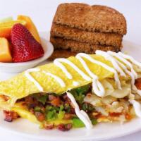 The Rancher Omelet · Bacon, homefries, green bell pepper, tomato, green onion.  topped with sour cream.
