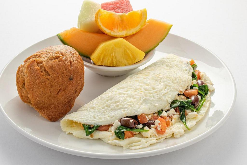 Greek Omelet · Egg white omelet filled with spinach, tomato, feta cheese and kalamata olives.