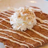 *New* Churro French Toast · Our Classic French Toast with Cinnamon & sugar, cream cheese icing & whipped cream.