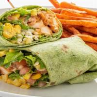Buffalo Chicken Wrap · Diced crispy chicken strips, lettuce, tomato, jack cheese, corn and ranch dressing wrapped i...