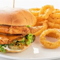 Crispy Chicken Sandwich · Crispy fried chicken strips, shredded lettuce, sliced dill pickles, mayo and Carolina Gold B...