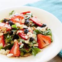Very Berry Salad · Mixed greens, goat cheese, sliced strawberries, blueberries and sliced almonds with a fat fr...