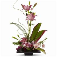 Imagination Blooms With Cymbidium Orchids By Teleflora · This towering topiary of Asiatic lilies, orchids and roses - artistically arranged with trop...