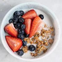 Granola And Berries · Wholesome bowl of homemade GF granola and oat milk, topped with fresh berries. . Allergens: ...