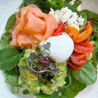 Clean & Lean Protein Bowl (D,E) · Smoked salmon, avocado, a poached egg on a bed of spinach & arugula mix, with feta, cherry t...