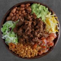 Ground Beef Burrito Bowl · Juicy ground beef filled with rice, beans, lettuce, mild salsa, melted mixed cheese, sour cr...
