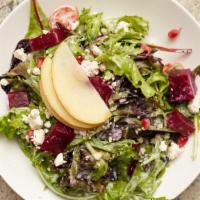 Porch Salad · Mixed greens, beets, sliced apples, heirloom cherry tomatoes, blackberries, honey-poppy seed...