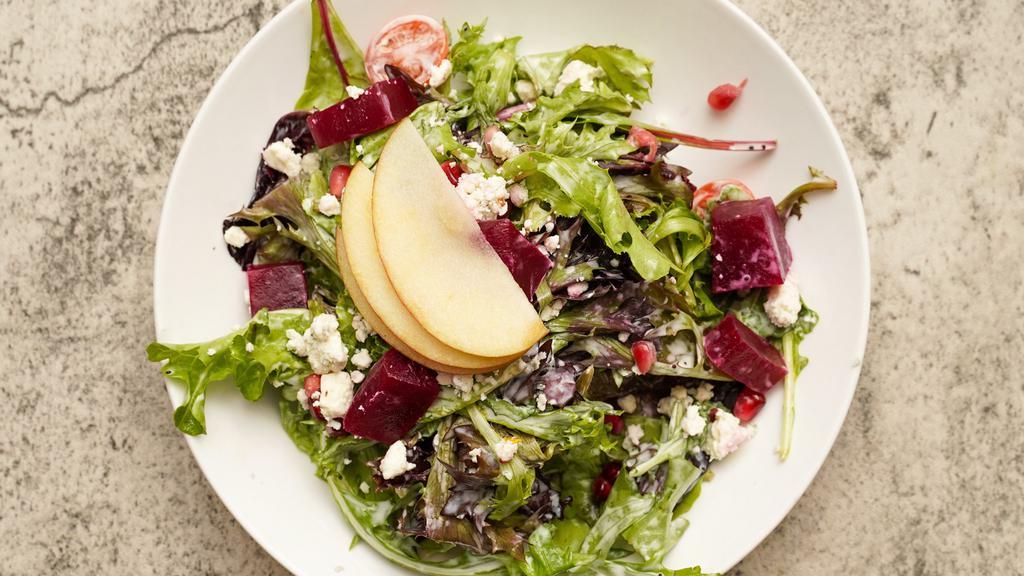Porch Salad · Mixed greens, beets, sliced apples, heirloom cherry tomatoes, blackberries, honey-poppy seed dressing, blue cheese crumbles. Add grilled chicken for an additional charge.