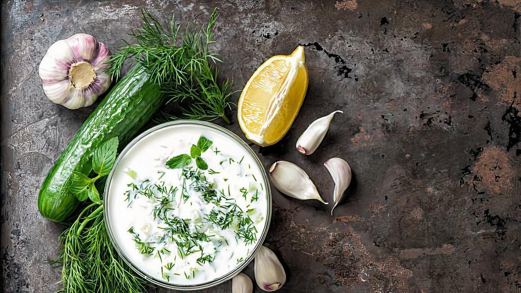 Tzatziki · Tzatziki sauce is made with greek yogurt, cucumber, lemon, garlic, and herbs.