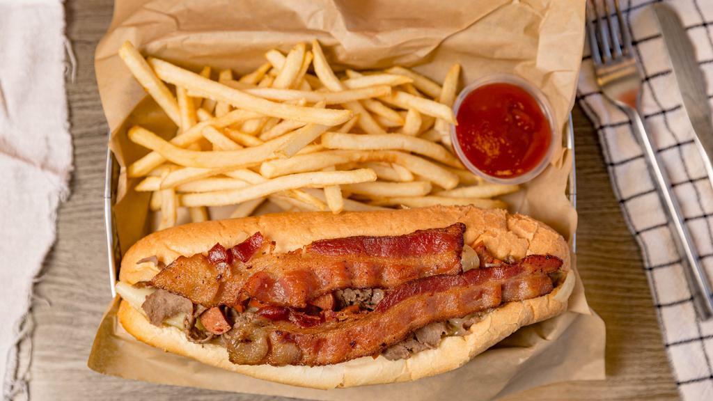 Bacon Cheesesteak · Steak, cheese, grilled onions and bacon.