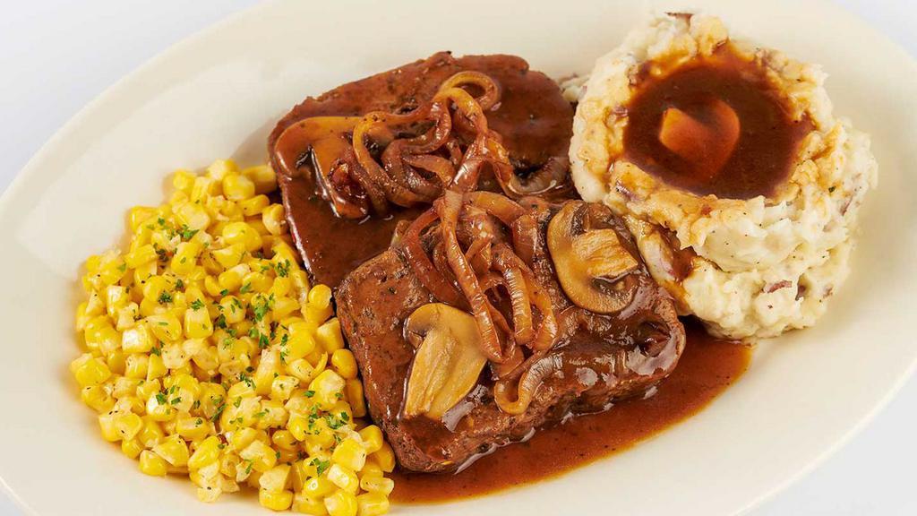 Lunch Famous Factory Meatloaf · Served with Mashed Potatoes, Mushroom Gravy, Grilled Onions and Fresh Buttered Corn