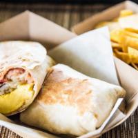 Breakfast Burrito · Scrambled eggs with crisp bacon, hash browns, jack cheese and salsa.
