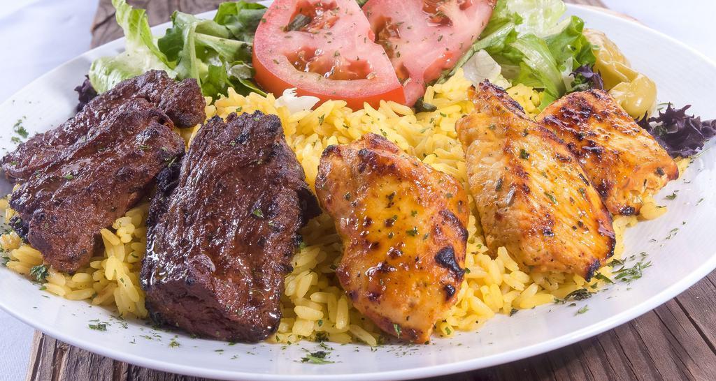 Kabob Combo Plate · Choice of any 2 kabobs. Excludes lamb. Served with mixed green salad, rice pilaf, pita bread.