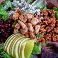 Apple Walnut · Fresh spring mix with crumbled bleu cheese, sweet dried cranberries, green apple slices and ...