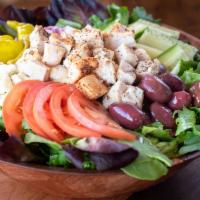 Mediterranean Salad · Fresh spring mix with sliced tomato, kalamata olives tangy crumbled feta cheese, red onion, ...