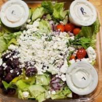 Greek Salad · Fresh lettuce, tomato, onion, cucumber, pepperoncini, kalamata olives & feta cheese.