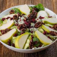 Harvest Salad · Romaine and iceberg lettuce, spinach leaves, sliced fresh pear, craisins, candied walnuts & ...