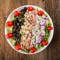 Chopped Salad · Finely chopped romaine & iceberg lettuce, spinach leaves, red pepper, red onion, black olive...