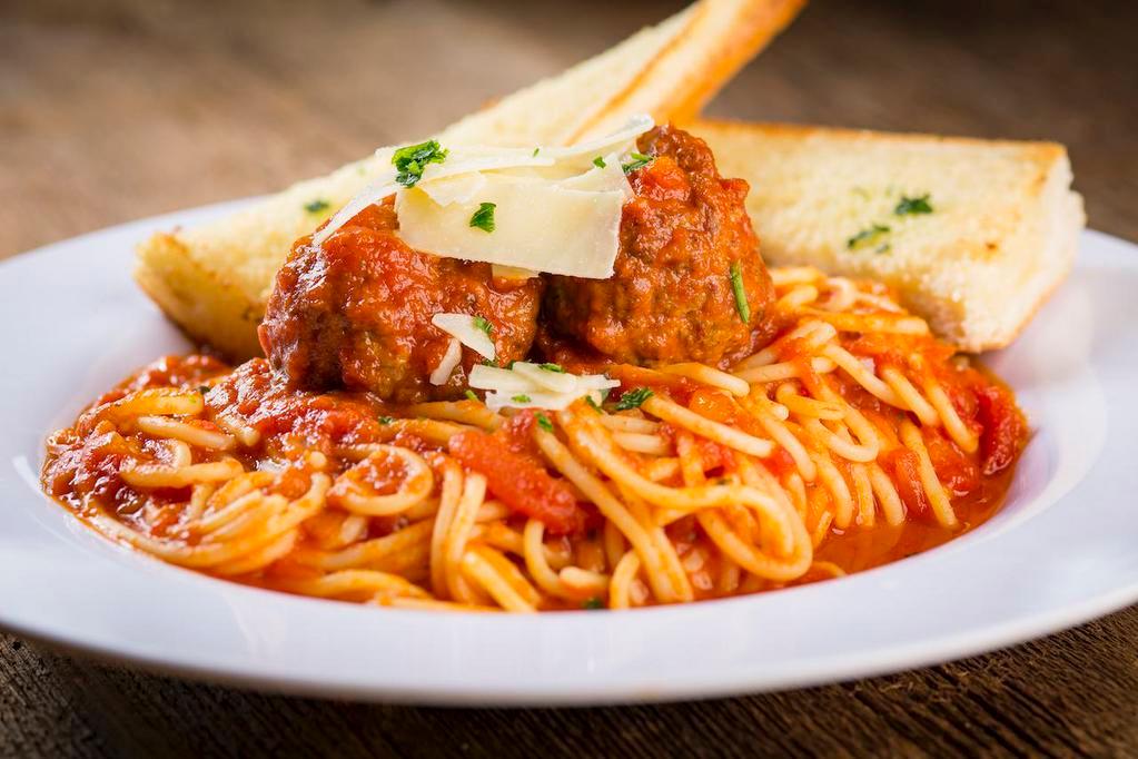 Spaghetti & Meatballs · Serves 1-2. Traditional spaghetti with marinara sauce served with home-made meatballs from the family recipe, topped with shaved Asiago cheese & fresh parsley.