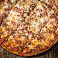 Meat Mania · Gourmet Italian sausage, meatball & pepperoni with bacon on top.