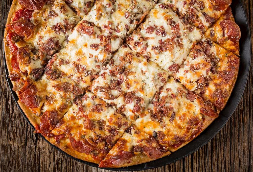 Meat Mania · Gourmet Italian sausage, meatball and pepperoni with bacon on top.