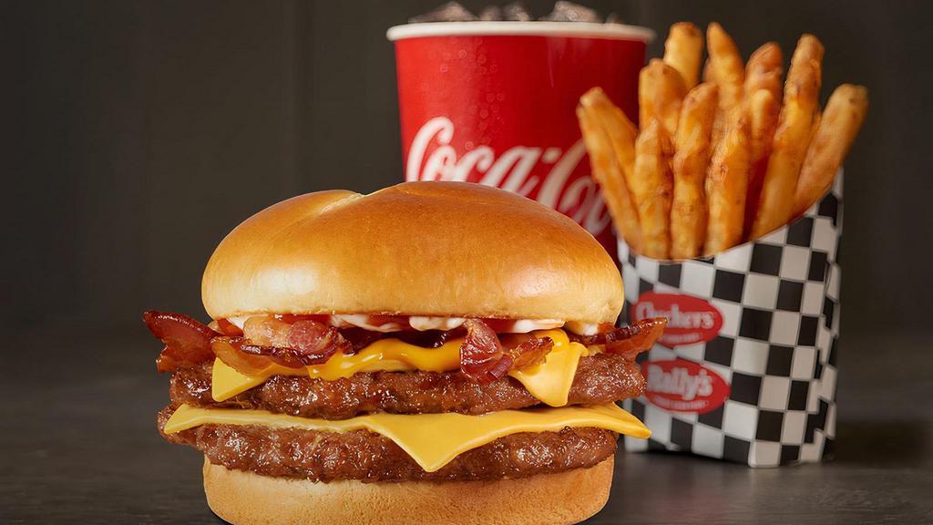 Baconzilla!® Combo · Warning: there will be bacon. Take on these two large hand-seasoned, 100% beef hamburger patties piled high with four slices of crispy bacon, two slices of American cheese, melted cheddar cheese, ketchup and mayonnaise all served on a toasted bakery-style bun.