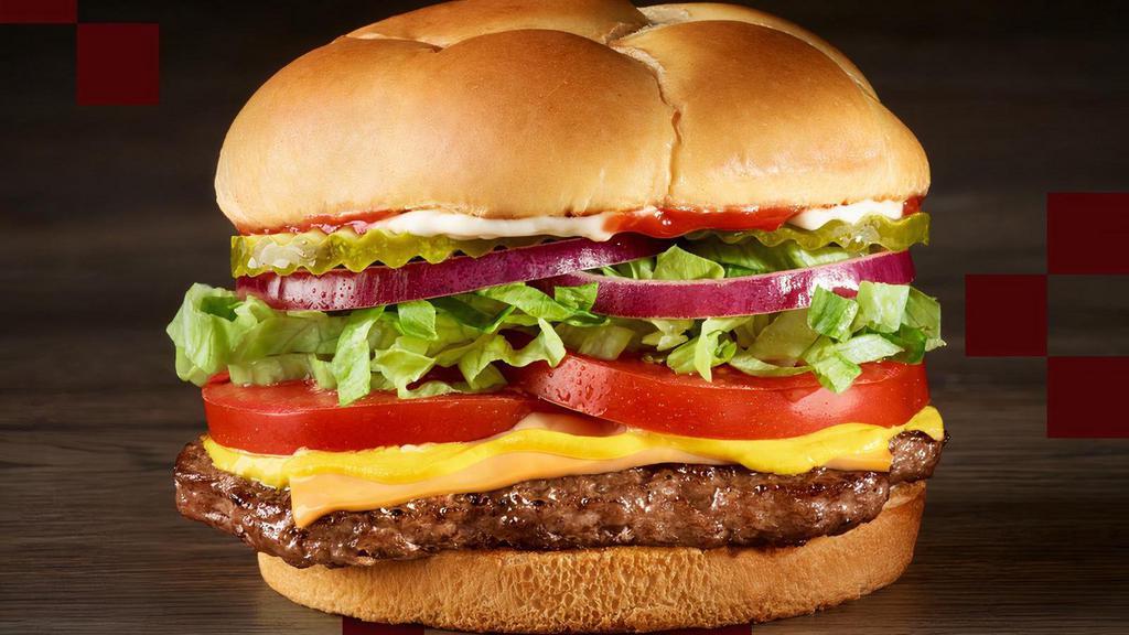 Cheese Champ®  · All hail the champ. Made with a hand-seasoned, 100% beef patty topped with American cheese,  tomato, red onion,  iceberg lettuce, dill pickles, ketchup, mustard, and mayonnaise on a toasted bakery-style bun.