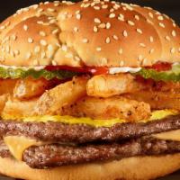 Double Fry Lovers Burger · There's no such thing as too many fries. Get a hand-seasoned, 100% beef hamburger patty topp...