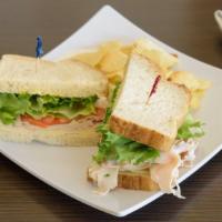 Turkey Sandwich · Made with mayo, mustard, lettuce, tomato, onion, cheese on sourdough bread and served with r...