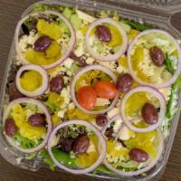 Greek Salad · Feta cheese, black olives, red onion, pepperoncini with Italian dressing on the side feta ch...