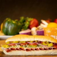 Salami Provolone · Italian salami Provolone, lettuce, tomatoes, onions, pepperoncinis oil and vinegar.